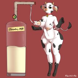 absurd_res anthro big_breasts bodily_fluids bovid bovine breast_milking breasts cattle clementa fan_character female green_eyes hi_res kevwrite lactating mammal milk original original_character raised_tail solo stains tail_tuft tuft