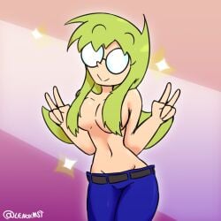 apirl_fools female glasses green_hair hair_covering_breasts jeans lenoxmst lesbian_pride_colors oc original_character pants posing pride_colors topless yuri