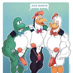 absurd_res amphibian anatid anseriform anthro avian bird bow_tie breast_squish breasts bulge duck first_porn_of_franchise frog gandy_goose gay group hi_res hoppity_hooper male male/male metrothefox nipples pecs penguin squish tennessee_tuxedo