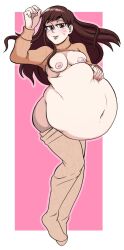 1girls asian big_belly boob_window breasts brown_hair clothing d.va female female_only hand_on_belly korean medium_breasts mr_rattleb0nes nipples overwatch same_size_vore solo_female stockings vore