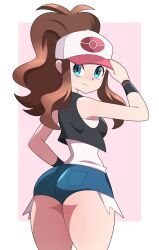 1girls abysswatchers ass blue_eyes blush breasts brown_hair eye_contact female_focus female_only game_freak hat hilda_(pokemon) long_hair looking_at_viewer minishorts nintendo pokemon pokemon_bw shorts small_breasts solo standing thick_thighs thighs