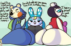 3girls animal_crossing anthro apron apron_only ass bear bedroom_eyes big_butt bottomless bubble_butt butt_focus clothed clothing dialogue female francine_(animal_crossing) furry group inviting klutzatdusk lagomorph leporid looking_at_viewer mabel_able mammal naked_apron narrowed_eyes nintendo nipple_bulge one_eye_closed pekoe_(animal_crossing) porcupine presenting presenting_hindquarters rabbit rodent seductive trio wink winking_at_viewer