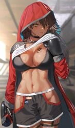 bangs black_bra black_gloves blurry blurry_background blush bottle boxing_gloves bra breast_tattoo breasts brown_hair choker cleavage clothes_lift cowboy_shot crop_top crossed_bangs dark-skinned_female dark_skin depth_of_field female girls'_frontline girls'_frontline_neural_cloud gloves hair_between_eyes highres hip_vent hood hood_up indoors jacket k.pumpkin large_breasts long_hair long_sleeves looking_at_viewer magnhilda_(neural_cloud) navel open_clothes open_jacket parted_lips shirt_lift shorts solo stomach sweat tan tank_top tattoo thigh_strap underwear water_bottle white_tank_top yellow_eyes