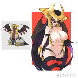 alternate_species areola areolae artist_name belly_button big_breasts black_sclera breasts cleavage color colored english_text female giratina humanization humanized large_breasts legwear light-skinned light-skinned_female light_skin long_hair looking_at_viewer nintendo nipples pokemon practically_nude purple_hair pussy red_background red_eyes simple_background solid_color_background striped_legwear striped_thighhighs text thighhighs two-tone_legwear uzzy2801 vagina very_long_hair white_background wings