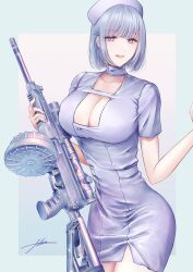 alternate_costume arm_up artist_name bangs breasts cleavage collarbone cowboy_shot dress eyebrows_visible_through_hair female filha fingernails girls'_frontline gun hat highres holding holding_gun holding_weapon large_breasts light_machine_gun looking_at_viewer machine_gun milf nurse nurse_cap open_mouth parted_lips purple_eyes rpk-16 rpk-16_(girls'_frontline) short_hair silver_hair simple_background smile solo standing weapon white_dress white_headwear