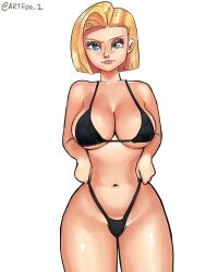 1girls android_18 artfoo_1 big_breasts bikini blonde_hair blue_eyes dragon_ball dragon_ball_super dragon_ball_z eyelashes female female_focus female_only light-skinned_female light_skin looking_at_viewer mature_female milf mother short_hair thick_thighs