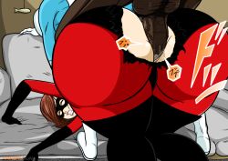 1boy 1girls anal anal_sex anus balls big_penis bulldog_position cheating cheating_wife clenched_teeth closed_eyes clothed_sex costume dark-skinned_male dark_skin disney domino_mask elastigirl frozone helen_parr huge_cock interracial lucius_best maikerukun male_penetrating mask mature_female milf painal penis pixar sofa superhero superhero_costume superheroine testicles the_incredibles torn_clothes veiny_penis