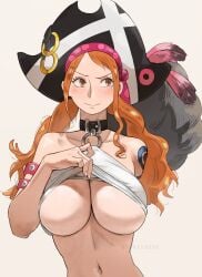 1girls 2d bandana belly_button blush breasts collar female female_only jerrydurd large_breasts lifting_shirt light-skinned_female light_skin looking_to_the_side nami one_piece one_piece_film_red orange_hair pale-skinned_female pale_skin pirate_hat post-timeskip seductive simple_background smile solo tattoo thin_waist underboob