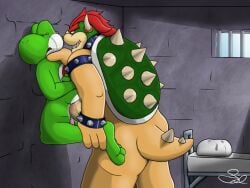 anal anal_sex anthro big_dom_small_sub bodily_fluids bowser crying cum_stain dinosaur dungeon duo forced gay koopa male male/male mario_(series) nintendo penetration pinned pinned_to_wall prison prison_cell prisoner protagonistsub_antagonistdom rape reptile salamandr scalie sex sex_slave size_difference slave small_sub_big_dom standing standing_sex tears video_games yoshi yoshi_(character)