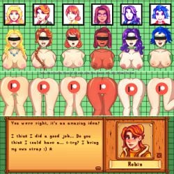 7girls abigail_(stardew_valley) absurd_res alternate_view anus areolae ass blindfold blonde_hair blue_hair blush breasts censored dark-skinned_female dark_skin dialogue dialogue_box emily_(stardew_valley) english_text female female_only front_view hair haley_(stardew_valley) hi_res leah_(stardew_valley) light-skinned_female light_skin maroon_hair maru_(stardew_valley) nipples open_mouth orange_hair patreon penny_(stardew_valley) purple_hair pussy rear_view robin_(stardew_valley) sirikahdrawing smile stardew_valley stuck_in_wall through_wall tongue tongue_out