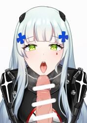 1boy absurdres armored_bodysuit bar_censor black_bodysuit bodysuit breasts censored cross_hair_ornament erection female girls'_frontline green_eyes hair_ornament hairpods heart heart-shaped_pupils highres hk416_(girls'_frontline) hk416_(midnight_evangelion)_(girls'_frontline) long_hair medium_breasts multicolored_bodysuit multicolored_clothes open_mouth penis saliva solo_focus symbol-shaped_pupils teardrop_facial_mark teardrop_tattoo tongue tongue_out user_vkpw5585 white_bodysuit white_hair