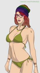 1girls bikini collarbone embarrassed female female_only grand_theft_auto grand_theft_auto_online grand_theft_auto_v green_bikini long_hair navel necklace pink_dubsta red_hair scrunchie solo standing tattoo wendy_(gta_online)