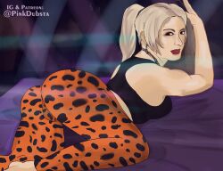 ass bare_shoulders barefoot blonde_hair brown_hair earrings female_only femsub grand_theft_auto grand_theft_auto_online kaylee_(gta_online) leggings long_hair looking_at_viewer looking_back necklace pink_dubsta posing red_lipstick solo