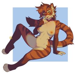 4_toes 5_fingers anthro areola breasts brown_hair digital_media_(artwork) eyebrows eyelashes feet felid feline female fingers hair hi_res junebuq looking_at_viewer mammal nipples nude orange_nose smile toes