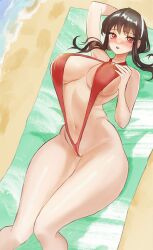 1girls beach big_breasts black_hair blush cameltoe cleavage female female_only hair hand_behind_head hips huge_breasts mature mature_female red_eyes red_sling_bikini red_swimsuit red_swimwear skimpy skimpy_bikini sling_bikini slingshot_swimsuit solo solo_female spy_x_family swimsuit swimwear thick_thighs thighs yor_briar zz_rairai