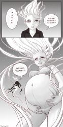 2girls belly big_belly breasts comic dialogue english_text female giantess glasses macro nipples one-punch_man preggosteggo pregnant psykos pussy size_difference tatsumaki text thisissomeweirdbullshit veiny_belly