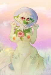 anthro areola belsnep breasts clothing cloud digital_media_(artwork) eyelashes female fur genitals grass green_body green_fur hat hat_only headgear headgear_only headwear headwear_only hi_res looking_at_viewer mostly_nude navel nintendo nipples outside pink_areola pink_nipples pink_nose plant pokémon_(species) pokemon pokemon_sv pussy red_eyes rosie_(ahawk95) shaded sky solo sprigatito video_games