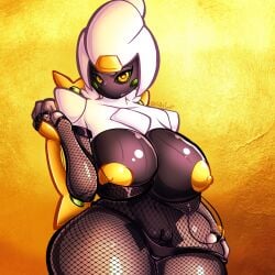 1:1 1girls 2022 anthro_only arceus big_breasts black_body black_clothing black_skin emerald_(gem) female female_only fishnet gold gold_background golden_eyes green_gem green_sclera nintendo no_humans pokémon_(species) pokemon puffylover69 pussy solo_female tagme undressing white_body white_skin yellow_eyes