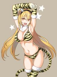 +_+ 1girls animal_costume animal_ears animal_print armpits arms_up ass_visible_through_thighs bikini blonde_hair breasts chinese_zodiac cleavage cowboy_shot elbow_gloves female gloves highres large_breasts long_hair navel nogi_yasuhito oerba_yun_fang official_art print_bikini shokuhou_misaki star_(symbol) stomach swimsuit symbol-shaped_pupils tail tan_background teenage_girl teenager tiger tiger_costume tiger_ears tiger_girl tiger_print tiger_tail to_aru_kagaku_no_railgun to_aru_majutsu_no_index year_of_the_tiger yellow_eyes young