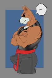 1boy anthro brutal_paws_of_fury canine coyote dialogue erection furry kendo_coyote male male_only muscles penis penis_bulge solo