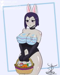 1girls big_breasts bunny_ears bunnysuit dark_skin dc dc_comics drakesama easter female female_focus female_only gloves grey_skin painted_breasts rachel_roth raven_(dc) simple_background smooth_skin teen_titans