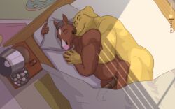 2022 2boys 5_fingers animal_genitalia animal_penis anthro anthro_on_anthro bed big_penis bird's-eye_view bird_dog bojack_horseman bojack_horseman_(character) brown_nose canid canine canis chicobo chubby_anthro chubby_male domestic_dog duo embrace equid equine equine_penis fingers furniture gay genitals grey_hair hair hi_res high-angle_view horse hunting_dog interspecies labrador lamp male male/male male_only mammal medial_ring mr._peanutbutter netflix nude on_bed penis pillow pink_nose retriever smile under_covers yaoi