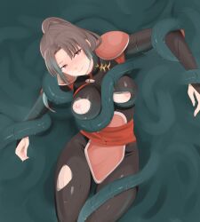 blush brown_eyes brown_hair female inuyasha kanyaaa027 large_breasts ponytail sango shoulder_pads smile solo tentacle torn_bodysuit torn_clothes