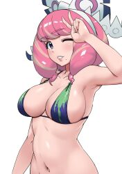 bikini breasts female female_only klara_(pokemon) light-skinned_female light_skin makino_harumaki nintendo one_eye_closed pink_hair pokemon pokemon_ss pokemon_ss_isle_of_armor solo solo_female v white_background