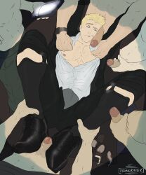 6boys blonde_hair blush chest_hair cigarette clothed_male condom_filling cum dc dc_comics faceless_male facial_hair gangbang garter_belt_socks gay holding_ankles john_constantine leg_hold looking_at_penis male_only penis_on_face phone pronzcrater shirtless_(male) shoe_fetish shoejob shoes smoking used_condom watch yaoi