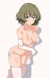 absurdres bangs bikini breasts choker covered_nipples elbow_gloves eyebrows_visible_through_hair female female gloves green_eyes green_hair highres idolmaster idolmaster_cinderella_girls knees_up light_blush looking_at_viewer lowleg lowleg_bikini medium_breasts medium_hair micro_bikini mole mole_under_eye parted_lips seihekiog shiny shiny_skin side-tie_bikini simple_background solo standing string_bikini swimsuit takagaki_kaede thighhighs white_background white_bikini white_choker white_gloves white_legwear