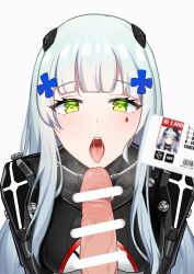 1boy absurdres armored_bodysuit bar_censor black_bodysuit bodysuit breasts censored cross_hair_ornament erection female girls'_frontline green_eyes hair_ornament hairpods heart heart-shaped_pupils highres hk416_(girls'_frontline) hk416_(midnight_evangelion)_(girls'_frontline) id_card long_hair medium_breasts multicolored_bodysuit multicolored_clothes open_mouth penis saliva solo_focus symbol-shaped_pupils teardrop_facial_mark teardrop_tattoo tongue tongue_out user_vkpw5585 white_bodysuit white_hair