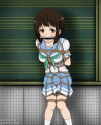 arms_behind_back bit_gag black_eyes black_hair bondage gag harness hibike!_euphonium kitauji_high_school_uniform legs legs_tied nakaseko_kaori rope school_uniform short_hair