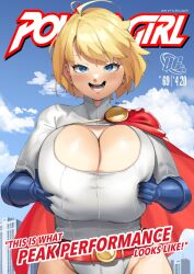 1girls big_breasts blonde_hair blue_eyes boob_window breasts cleavage dc english_text female female_focus female_kryptonian female_only huge_breasts karen_starr kryptonian large_breasts lulewd_chan power_girl superheroine text_bubble