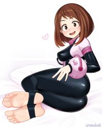 1girls ass blush bodysuit breasts brown_eyes brown_hair eye_contact feet female female_focus female_only looking_at_viewer my_hero_academia ochako_uraraka rezodwel shiny_clothes short_hair sideboob solo thighs tight_clothing toes