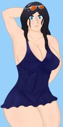 1girls abs armpits big_breasts black_hair blue_eyes cleavage eyewear_on_head female female_only huge_breasts jfode nico_robin nipple_bulge one_piece post-timeskip revealing_clothes short_dress sideboob skimpy_clothes solo solo_female sunglasses_on_head thick_thighs tight_clothing tight_dress