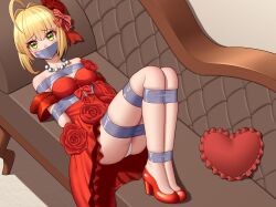 arms_tied_behind_back blonde_hair bondage bound_ankles bound_legs fate/grand_order fate_(series) gag gagged green_eyes looking_at_viewer nero_claudius_(fate) tape_bondage tape_gag wo_cao_xiao