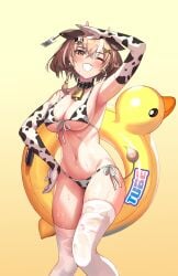 2v_(joyeong) absurdres animal_ears animal_print arm_up bikini breasts brown_eyes brown_hair cleavage cow_ears cow_horns cow_print cow_tail ear_tag female female front-tie_bikini front-tie_top grin hair_ornament hand_on_hip highres horns innertube large_breasts navel original rubber_duck short_hair side-tie_bikini smile solo stomach swimsuit tail thighhighs thighs wet white_legwear