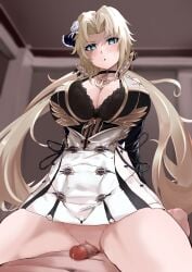 +_+ 1boy absurdres azur_lane big_breasts black_bra black_choker blonde_hair blue_eyes bra bra_peek breasts censored choker cleavage cowgirl_position double_penetration dress female femdom heart highres indoors kronshtadt_(azur_lane) large_breasts long_hair looking_at_viewer microdress mosaic_censoring oza_osuwari penis rape sex small_penis straddling straight twintails underwear very_long_hair white_dress