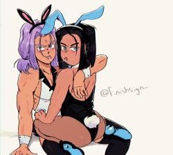 2boys android_17 ass black_hair blue_eyes bunny_ears bunnysuit crossdressing dragon_ball dragon_ball_z femboy future_trunks gay looking_at_viewer male male_only saliva_trail straddling trunks_briefs white_background yaoi yaoimeowmaster