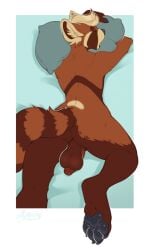 anthro balls biped black_claws black_nose black_pawpads brown_balls brown_body brown_fur brown_glans brown_inner_ear brown_penis brown_perineum brown_stripes brown_tail cheek_tuft claws closed_eyes facial_tuft flaccid fur genitals glans glistening glistening_pawpads hair hi_res humanoid_genitalia humanoid_penis inner_ear_fluff lying male male_only markings on_front open_mouth orange_body orange_fur orange_stripes orange_tail pawpads penis perineum pillow pupbii rear_view short_hair sleeping solo striped_body striped_fur striped_markings striped_tail stripes tail_markings tan_body tan_ears tan_fur tan_hair tan_inner_ear_fluff tuft