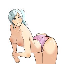 arched_back artist_request bent_over big_ass blue_eyes breasts brittany_angel female_only freckles looking_away nipples nopixel pattern_underwear ponytail thick_thighs underwear white_hair