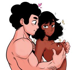 1boy 1girls adult aged_up areolae breasts canon_couple cartoon_network chest_hair connie_maheswaran fondling_breast grabbing_breasts grabbing_from_behind medium_breasts nipples nude nude_female nude_male older short_hair side_view sideboob skinny smiling star steven_quartz_universe steven_universe straight_hair tagme_(artist) white_background yakiti