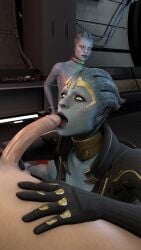 3d alien alien_girl asari athletic_female bondage chains collar cuffs fellatio human human_penetrating just_the_tip mass_effect morinth penis piercing restrained rogat17 samara tagme