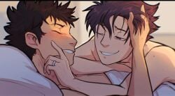 2boys after_sex bed bedroom brown_hair covered_body cuddling daylight haikyuu!! iwaizumi_hajime male male/male male_only maroon_eyes married married_couple morning_after oikawa_tooru_(haikyuu!!) pillow playing_with_hair purple_hair ring smiling wholesome