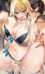 1boy absurdres ahoge bangs blonde_hair blue_eyes blush breasts censored female hachimiya_meguru highres idolmaster idolmaster_shiny_colors large_breasts long_hair low_twintails marushin_(denwa0214) nipples open_mouth penis sex straight twintails vaginal_penetration