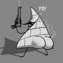 1_eye absurd_res ambiguous_gender ass big_butt black_eyelashes english_text eyelashes grey_background grey_body gun hi_res huge_butt looking_at_viewer looking_back nuclear_throne pyramid ranged_weapon rashchaos shadow signature simple_background smoke solo standing text weapon