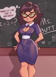 1girls areola_bulge areolae_visible_through_clothing blush blush_lines breasts cartoon_network chalkboard classroom curvy dress eleanor_butterbean english_text eyewear female female_focus female_only glasses green-tinted_eyewear klimspree light-skinned_female light_skin medium_breasts medium_hair milf nipple_bulge nipples nipples_visible_through_clothing shoulder_length_hair solo solo_female solo_focus sunglasses teacher text the_grim_adventures_of_billy_and_mandy thighs thought_bubble tight tight_clothing tight_fit tinted_eyewear voluptuous