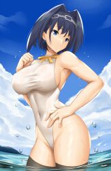 1girls 2022 arciealbano black_legwear blue_hair blue_sky breasts casual_one-piece_swimsuit cloud covered_navel day female female_focus female_only hair_intakes hand_on_hip headband highleg highleg_swimsuit highres hololive hololive_english hololive_english_-council- hololive_english_-promise- large_breasts ocean one-piece_swimsuit ouro_kronii outdoors short_hair sky solo solo_female standing swimsuit thighhighs turtleneck virtual_youtuber wading water white_swimsuit