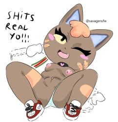 1girls 2d animal_crossing anthro areolae breasts cat_ears catgirl clothing dialogue english_text felid feline felis female female_only female_solo footwear fur furry furry_only katt_(animal_crossing) laying_on_back looking_at_viewer lying_on_back mostly_nude naked naked_female nintendo nipples nude nude_female one_eye_closed panties panties_aside pussy savagensfw solo solo_female tagme text thighs topless underwear underwear_aside vagina winking