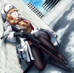 blonde_hair blue_eyes building buildings coat eastern_european girls'_frontline high_heels mosin-nagant_(girls'_frontline) national_personification pantyhose russia russian slavic sniper sniper_rifle star sweater_dress thighs ushanka weapon white_clothing white_hat